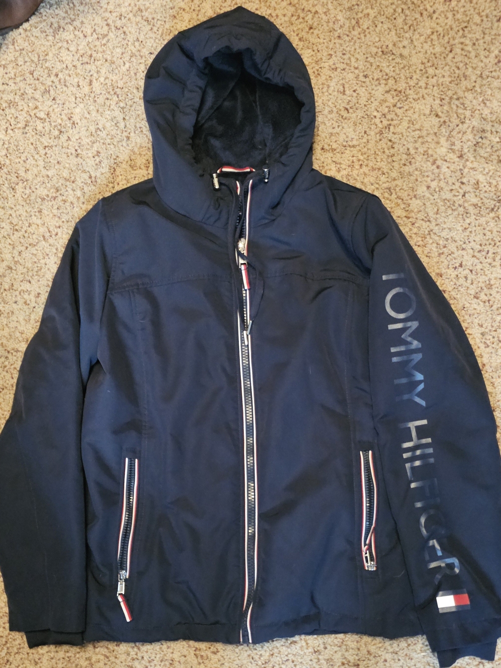 Tommy Hilfiger Navy Hooded Fleece Lined Women's Jacket with Logo Sleeve
